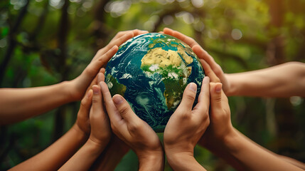 Wall Mural - Many hands holding planet earth globe, concept of saving the planet and environmental conservation.