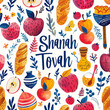 A vibrant Rosh Hashanah card showcasing a lively pattern of holiday symbols like round challahs apples