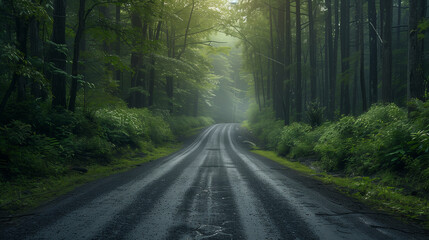 A wet, winding road disappears into the mist of a dense, green forest, evoking a sense of mystery and exploration in the peaceful wilderness.