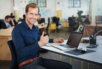 Office, portrait of man and thumbs up with laptop for testing programs, applications and career in workplace. Businessman, software developer and computer for coding data with smile or professional