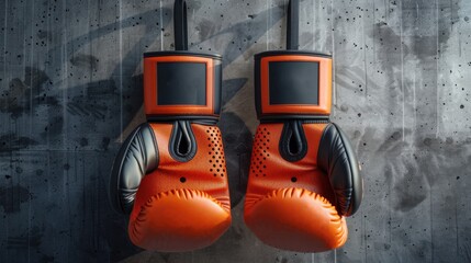 Red and black boxing gloves close-up. Sports equipment for punching. Orange pair on gray background.