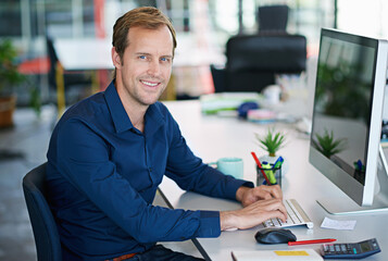 Leinwandbilder - Portrait, happy and male person in office desk typing on laptop for planning, research and ideas with wireless technology. Professional, businessman and working on finance project report on company