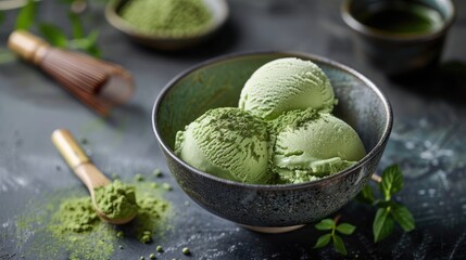 Poster - Green tea ice cream in bowl with green tea powder on dark background