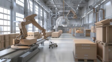 Wall Mural - Furniture factory. Modern automated furniture production. Automated arm. Robot makes furniture