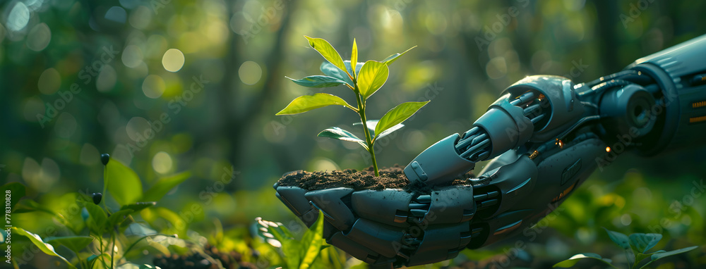 Robot hand gently holding a young plant against a green spring forest ...