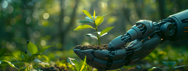 robot hand gently holding a young plant against a green spring forest background, representing susta