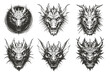 Set of dragon heads in vintage retro style, Generative Ai