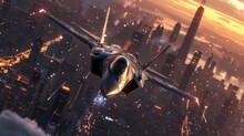 Jet Fighter Flying Over Cities At Sunset, Representing Military Aviation Patrol.