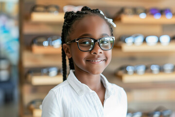 Wall Mural - Little black girl in optical store trying on new glasses