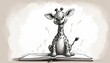   A black-and-white drawing of a giraffe over a opened book, its mouth agape