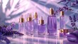 Lavender skincare bottles with golden caps on a dual-tone background