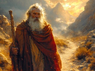 This photo is a painting of Prophet Moses, showing a man with a long white beard in a desert setting.