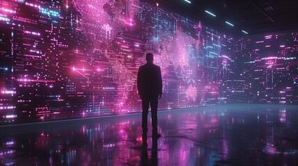 Businessman standing in front of a futuristic interface with holographic data. Technology and business concept.