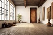 Zen-like minimalistic room with weathered floors and earthy tones. Dreamy earth tones, rustic accents. Ample wall space for artists to showcase their art.