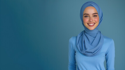 Wall Mural - Arab woman wear blue t-shirt smile laugh out loud isolated