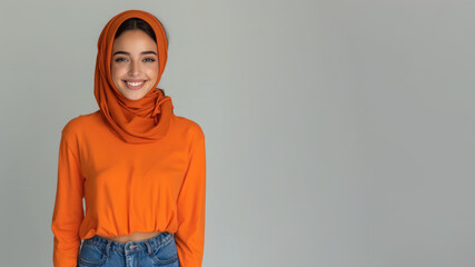 Wall Mural - Arab woman wear orange casual t-shirt smile isolated