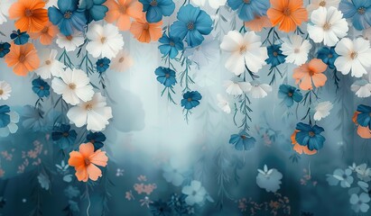 Wall Mural - vibrant orange and blue wildflowers on ethereal misty background