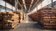 A lumber yard filled with stacks of wooden beams and planks resting on metal racks. Construction store, sawmill.