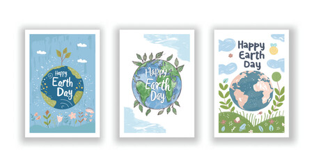 Wall Mural - Set of 3 Hand-Drawn, Minimalist Vector Illustration Postcards, Happy Earth Day Celebration