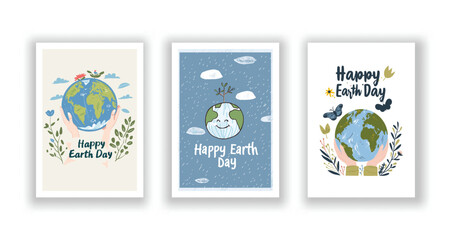 Poster - Set of 3 Hand-Drawn, Minimalist Vector Illustration Postcards, Happy Earth Day Celebration