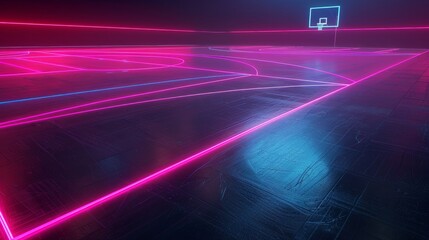 An isolated black background shows neon basketball field scheme, virtual sport playground with pink blue glowing lines, and a black background with neon basketball field scheme.