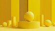 Objects isolated over a minimal geometric background. Yellow ball on cylinder podium with primitive shapes. Successful business concept, one-of-a-kind, career metaphor.