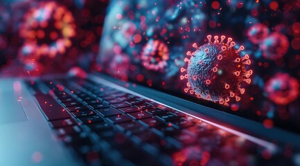 Poster - A computer screen shows a virus on a keyboard