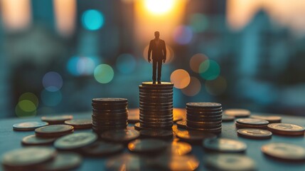 Canvas Print - A man stands on top of three stacks of coins