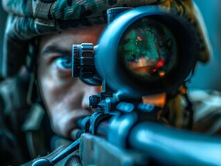 Wall Mural - A sniper with a rifle is preparing to aim at the target.