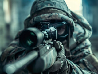 Wall Mural - A sniper with a rifle is preparing to aim at the target.