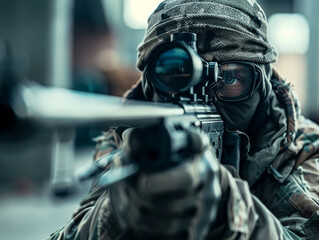 Wall Mural - A sniper with a rifle is preparing to aim at the target.