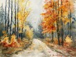 Watercolor forest path, autumn colors, bird's-eye view, hand drawing retro.
