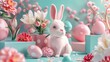 A cute Easter bunny surrounded by pink Easter eggs and flowers, set against a dreamy sky backdrop with fluffy clouds and butterflies, creating a whimsical and enchanting scene