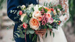 Wedding bouquet with roses on the background of the newlyweds