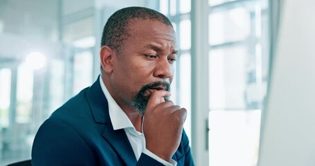 Canvas Print - Black man, senior and computer with thinking for idea, writing business proposal for funding and investment. Entrepreneur typing email, problem solving and solution with corporate review for finance