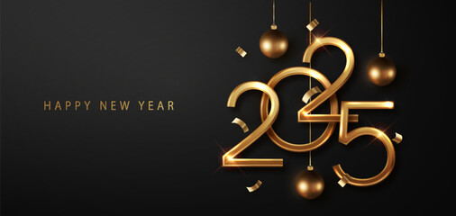 Wall Mural - 2025 new year premium card design featuring gold and black with golden ball, confetti, and ribbons. 