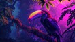 A neon toucan perched in a digital tree 