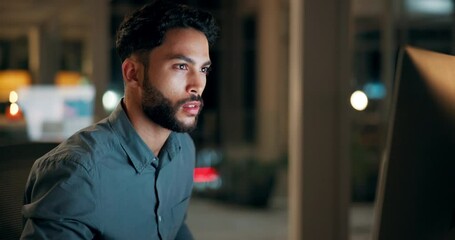 Leinwandbilder - Thinking, night and business with man, computer and problem solving with solution and internet. Person, evening and consultant with a pc and online reading with information and email notification