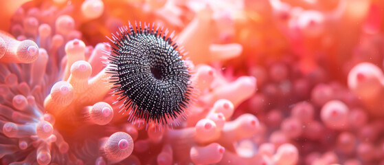 Wall Mural - Exotic sea urchin in a vivid coral reef, showcasing nature's intricate underwater beauty