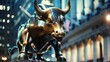 Close-up of a charging bull sculpture at night, financial power and Wall Street concept