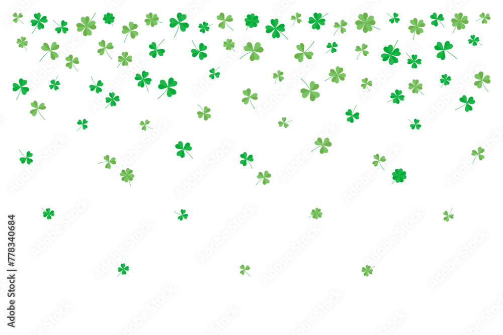 Background of flying green clover leaves, three and four leaf. Vector illustration for cover, banner, poster, card, web and packaging. 