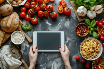 A person holding a tablet in front of a table full of food