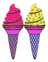 Two ice cream cones with pink and yellow frosting and sprinkles