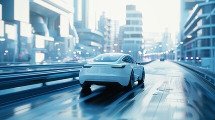 Poster - 3D rendering of an autonomous self-driving electric car changing lanes and overtaking a city vehicle....