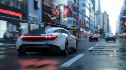 Poster - An autonomous self-driving electric car overtakes a city vehicle in a 3D rendering.........