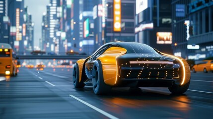 Poster - Three-dimensional rendering of self-driving electric car overtaking city vehicle...