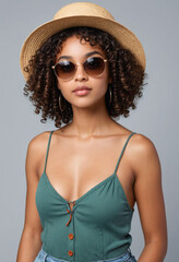 portrait of black American biracial girl with curly hair wearing a summer sun hat wearing stylish sun glasses posing on a perspective angle on a grey background