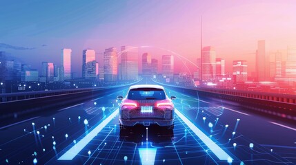 Poster - Autopilot mode self-driving car with futuristic graphics about GPS system driving on street in city. AI technology with transportation concept.