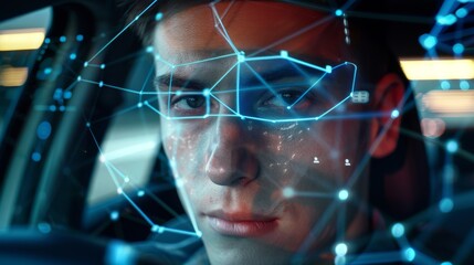 Poster - Future. Face Detection. Technological 3D Scanning. Biometric Facial Recognition. Face ID. Technological Scanning of Handsome Caucasian Man In The Car for Facial Recognition.