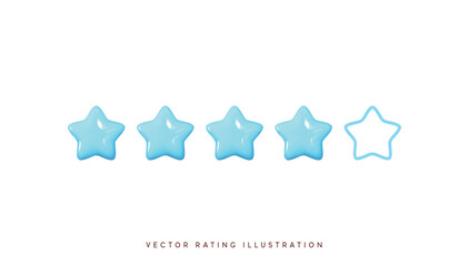 Five stars, glossy blue colors. Customer rating feedback concept from the client about employee of website. Realistic 3d design of the object. For mobile applications. Vector illustration